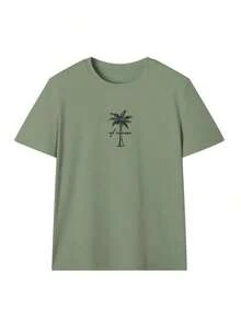 Women's Minimalist Coconut Tree Slogan Print Casual Round Neck Short Sleeve T-Shirt, Simple & Versatile, Suitable For Daily & Holiday Wear. Graphic Tee, Women, White, Black, Pink Summer Vacationsummer Outfits For Women 0SJU - 草綠色 - 查看 3