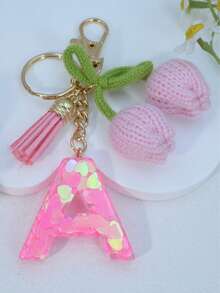 Initial Heart Keychain, Tulip Tassel Bag/Car Key Chain, Cute Accessory Gift For Friends, Mom, Teacher, Birthday - Pink - View 5