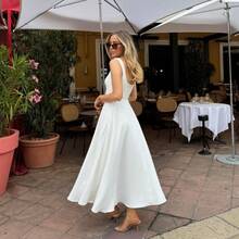 2026 Spring Summer New Women Elegant Solid Square Neck Sleeveless Waist Cinching Strap Dress Casual Bodycon Midi  Beach Vacation Outfit - 白色 - 查看 2