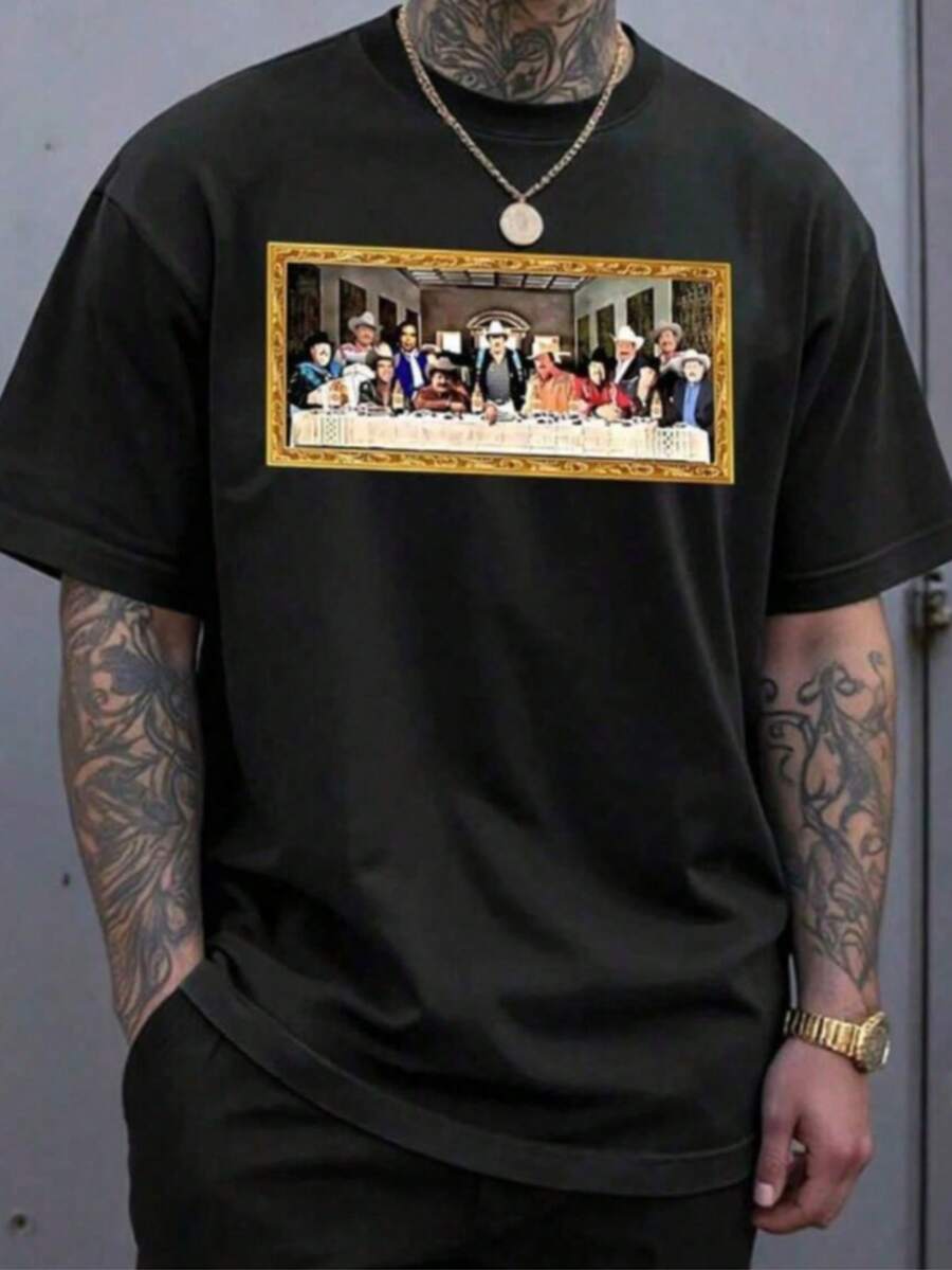 Playeras casuales de hombre Camiseta gráfica para hombre con estampado humorístico de La Última Cena, estilo vaquero. Camiseta informal de mezcla de algodón para uso diario. Diseño único para amantes del western y el arte. Camiseta de manga corta con cuello redondo. Disponible en varias tallas. Regalo para papá Regalo de Navidad - Negro - Ver 1