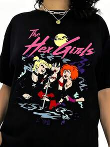 1 pieza Camiseta de Mujer 100% Algodón con Estampado Gráfico de Banda de Rock - Hex con Estampado de Dibujos Animados Retro de Mystery Inc, Negra con Llamas Rosadas, 180g Algodón 100% - Negro 7 - Ver 7