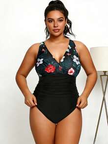 Traje de baño de una pieza con estampado floral de hibisco tropical, talla grande, cuello en V, control de abdomen, de una pieza, playa, piscina. - Negro - Ver 1