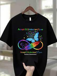 Unisex Crew Neck T-Shirt In Navy Blue, Made From 100% Cotton And Weighing 220g, With A Vibrant Design For Autism Awareness That Says 'Accept And Understand Love' With Multicolored Butterflies And Rainbow Feathers. - 黑色 - 查看 6