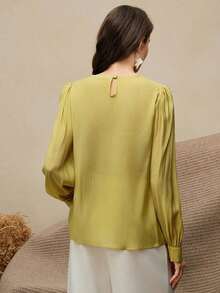 Top de manga larga con cuello redondo y decoración de flores 3D para mujer, para el verano - Verde - Ver 7