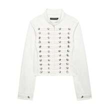 Fashion-Forward Women's Cropped White Denim Jacket With Stand Collar, Long Sleeves, And Unique Silver Button Embellishments - 白色外套 - 查看 5