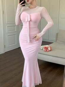 Vestido de verano de malla transparente rosa con diseño 2 en 1, con lazo en la cintura, elegante para el Día de San Valentín, boda, fiesta, ocasión formal, moda, ajuste ceñido, longitud midi, manga larga para mujer - Rosa - Ver 2