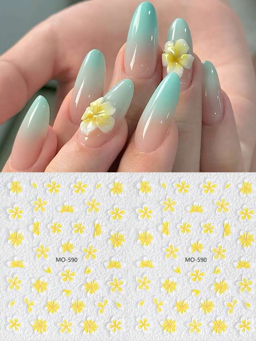 2片裝 5D 浮雕熱帶雞蛋花美甲貼紙，海洋海灘風雞蛋花花瓣自黏美甲貼花，夏季度假亮色花卉美甲藝術設計裝飾 - 彩色 - 查看 1