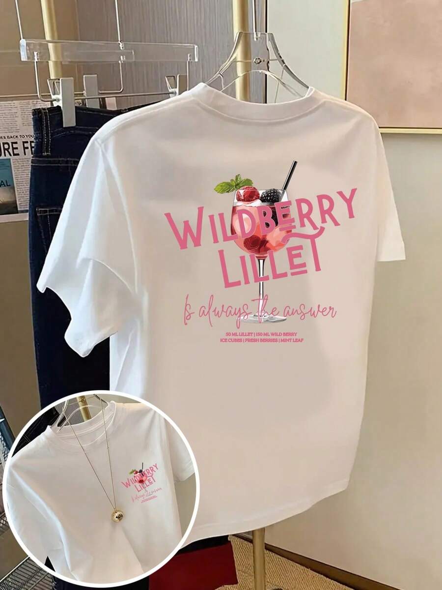 Sommer-Tops Wild Berry Liqueur, Wild Berry Drink Print T-Shirt Kurzarm Rundhals Casual Top für Sommer und Frühling, Damenbekleidung Baumwoll-T-Shirt, Mujer - Weiss - Übersicht 1