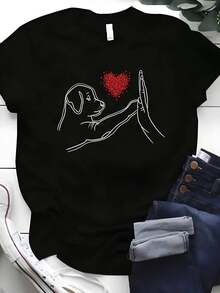 Camiseta Cuello Redondo con Estampado de Perro y Corazón, Estilo Kawaii para Primavera y Verano - Negro - Ver 8