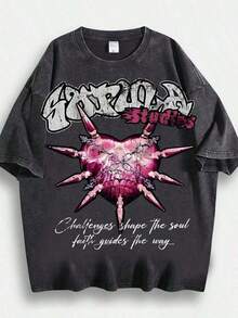 Camiseta de Algodón con Estampado Gráfico, Camiseta Lavada, Estilo-Hop para Hombre con Gráfico de Corazones. Diseño único. 230g de algodón. Corte holgado. Mangas cortas. Superior. DG004 Y2K, Camiseta de Verano para Hombre, Tallas Grandes de S a 3XL - Negro - Ver 4