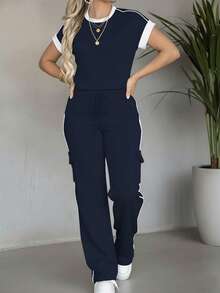 Casual Versatile Round Neck Short Sleeve Top And High Waist Drawstring Striped Loose Cargo Pants 2-Piece Set Women's Contrast Color Round Elegant - Navy - View 7