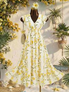 xheEllevyn Vestido largo elegante de mujer con cintura fruncida y volantes, vestido de verano para vacaciones, vestido para citasxhe - Multicolor 6 - Ver 10