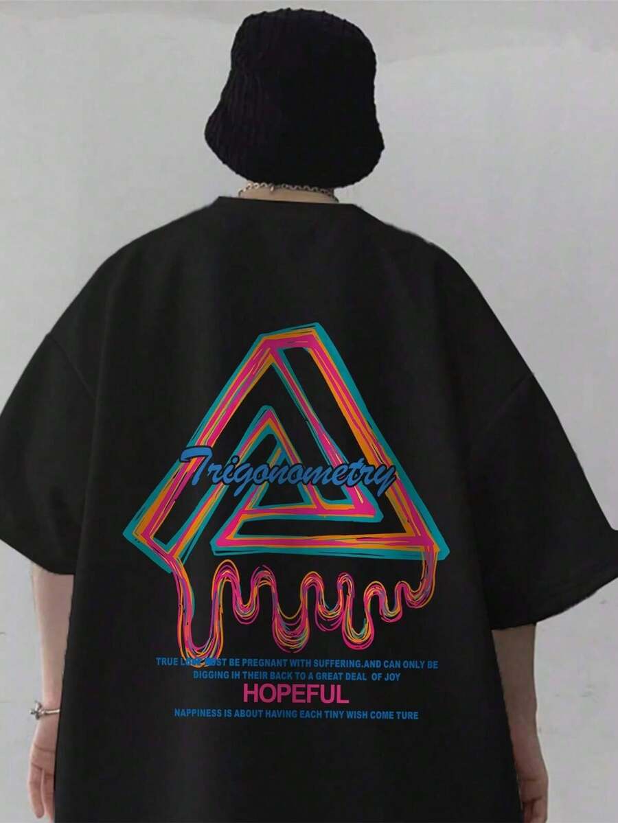 Men's Off-The-Shoulder Slogan Print T-Shirt - Multicolor - View 1
