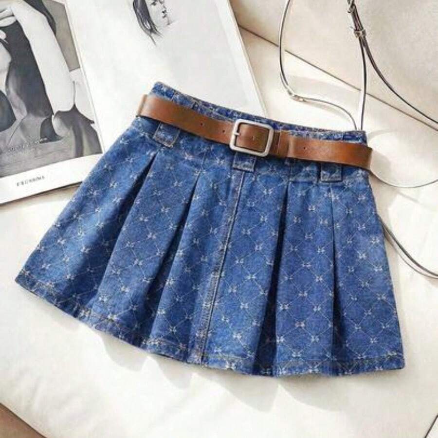Nana's Women's Clothing Store Minifalda vaquera casual y versátil con pliegues y estampado de cuadros de diamantes para citas y salidas - Azul - Ver 1