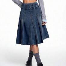 guang zhou mi qian shang mao  Falda mini plisada de línea A de denim azul para mujer - Azul lavado oscuro - Ver 4