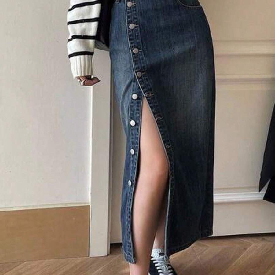 guangzhougaolangshangmao Falda vaquera con decoración de botones para mujer, casual y de moda para uso diario - Azul lavado medio - Ver 1