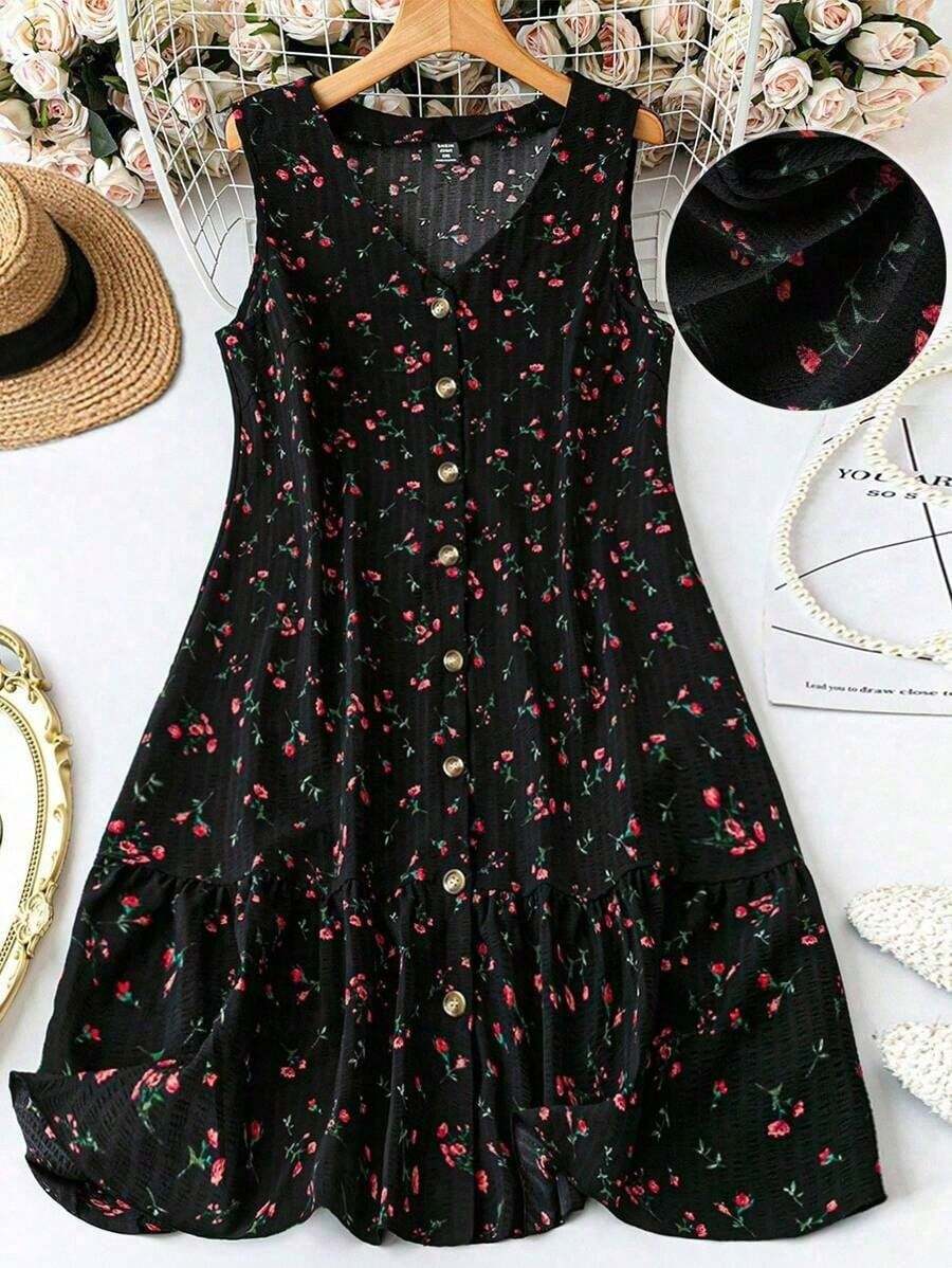 LUNE Plus Size Women's Spring/Summer V-Neck Sleeveless Patchwork Ruffle Hem Simple Striped Applique Print Casual Dress, With Front Buttons - Multicolor 3 - View 1