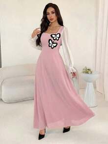 Vestido de mujer con parches tejidos, decoración de lazo y cintura ceñida - Rosa 2 - Ver 4