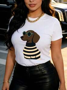 1 Piece Of Exquisite Printed Short-Sleeved Shirt, Fashionable Casual Shirt For Women, With A Lovely Cartoon Puppy Print, Comfortable And Soft Fabric, Suitable For Everyday Wear, Ideal For Street Photography, And For Sports And Fitness Activities. Unisex T-Shirts For Summer Outings 180g 100% Cotton - 白色 - 查看 3
