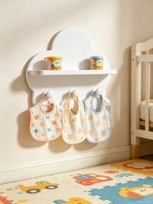 Cute Cloud Shaped Wooden Floating Wall Shelf With 3 Hooks, Nursery Wall Storage Organizer Rack For Baby Bibs Hats Toys Decor - Multicolor - View 3