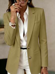 Jaket Wanita Lengan Panjang dengan Kerah dan Kancing, Blazer Ringan Bahan Rajut Panjang Standar, Menciptakan Gaya Akademik yang Elegan dan Modis - Olive Green - View 1