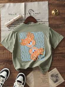 Camiseta de verano holgada de cuello redondo con estampado de cangrejo y océano para mujer - Gris - Ver 4