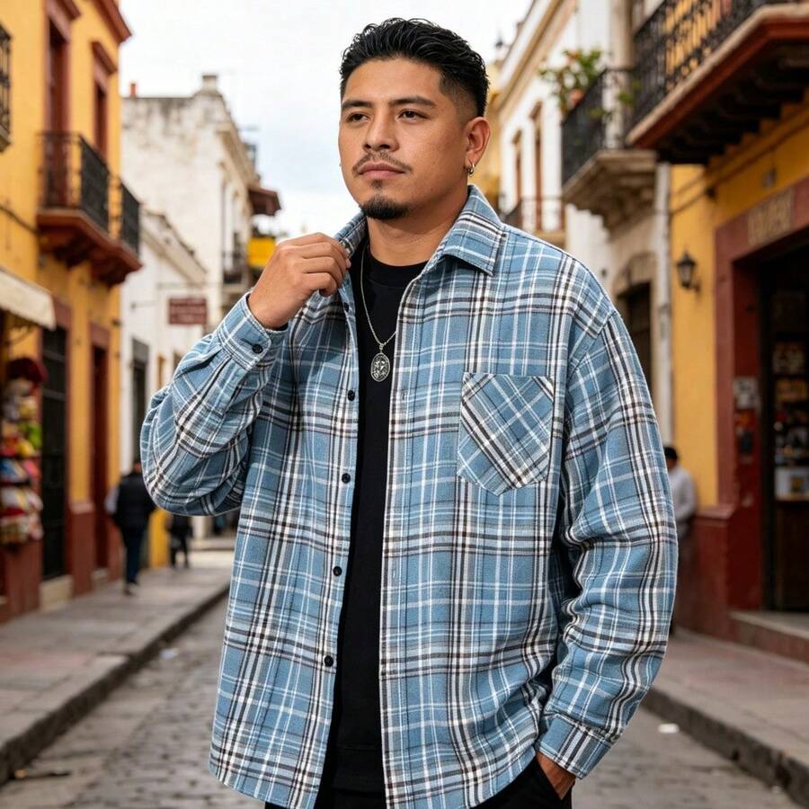 Camisa de cuadros para hombre, chaqueta tipo camisa informal de corte holgado con botones y bolsillo en el pecho, adecuada para el uso diario. - Celeste - Ver 1