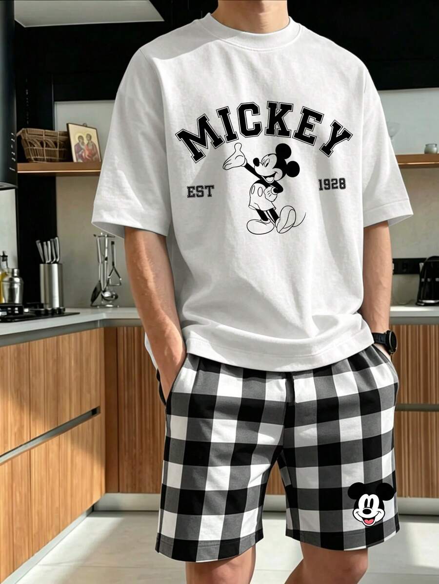 Disney 男士米奇印花睡衣套装，黑白格子短裤，春夏两件套家居服 - 黑與白 - 查看 1