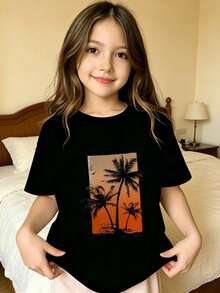 Palm Trees Sunset Silhouette Beach Printed T-Shirt For Kids - Black - View 7