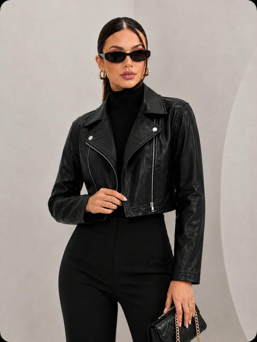 Stylish Women's Faux Leather Jacket With Zipper And Button Closure, Comfortable, Perfect For June Festivals, Winter, And Autumn. - màu đen - Xem 1