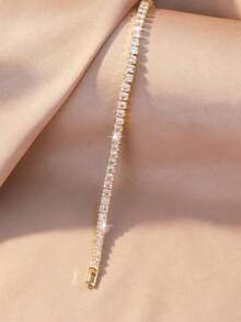 Multi-Size Full Rhinestone Tennis Bracelet, Luxury Hip-Hop Style, Gold-Plated Base With "Dense Square Diamond Inlay + Tennis Chain Structure" Design, Blending Sparkling Hip-Hop Vibes With Exquisite Luxury Jewelry Feel. Suitable For Mature Style, Perfect For Daily Outings, Fashion Styling, And Casual Gatherings - Gold - View 9