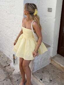 Vestido mini de línea A con tirantes de lazo francés adelgazante, hombro único y manga abullonada, nuevo estilo de moda verano 2026, adecuado para vacaciones, fiesta, playa, boda, baile de graduación, cumpleaños, vestido amarillo, vacaciones, concierto, Y2K, trayecto, cita elegante - amarillo ganso - Ver 4