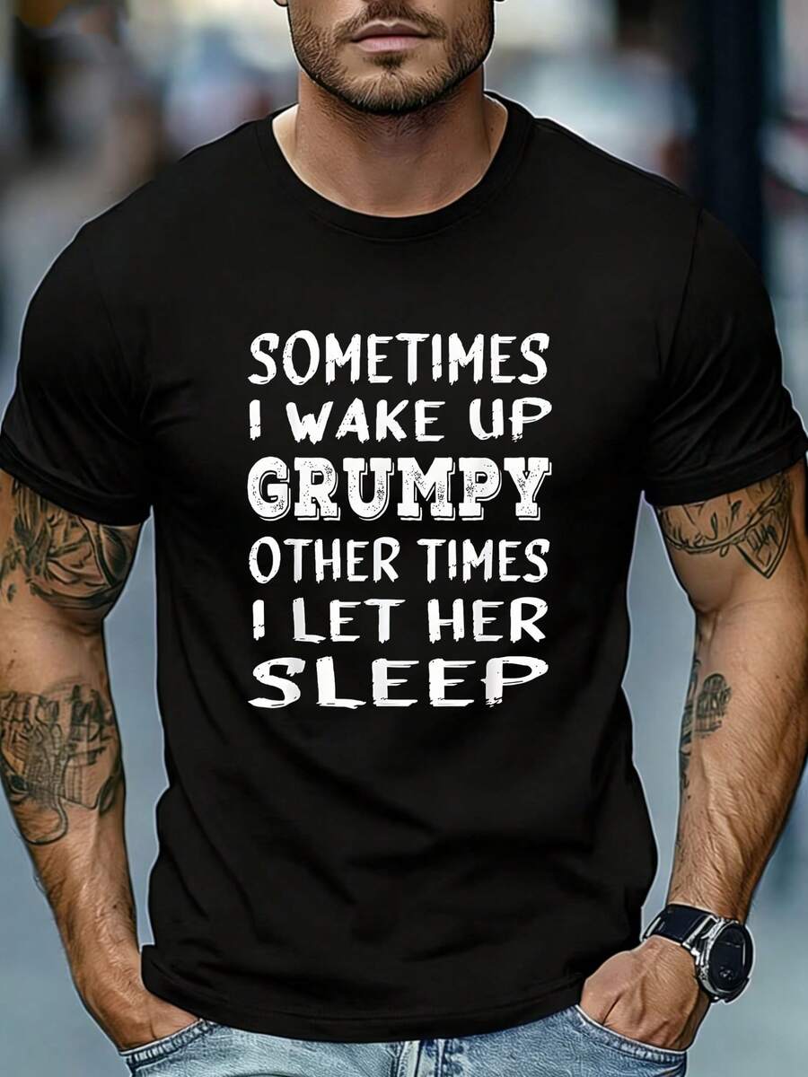Fun And Quirky T-Shirt With "Sometimes I Wake Up In A Bad Mood" Lettering, American Urban Style, Versatile Casual Top For Outdoor Wear - 黑色 - 查看 1