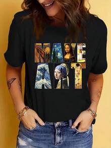 Camiseta holgada para mujer MAKE ART - Diseño rojo brillante con patrones de 'La noche estrellada' de Van Gogh y la Mona Lisa de Lu Ban - Blanco - Ver 6