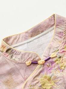 Regalo para mamá Blusa de estilo chino con flores de verano, elegante blusa bordada de manga corta para vacaciones, uso diario y reuniones familiares - Morado - Ver 6