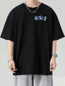 Camiseta de color liso talla grande,Camiseta con estampado de letras,Adecuado para desplazamientos diarios, actividades al aire todas las estaciones. - Negro - Ver 2