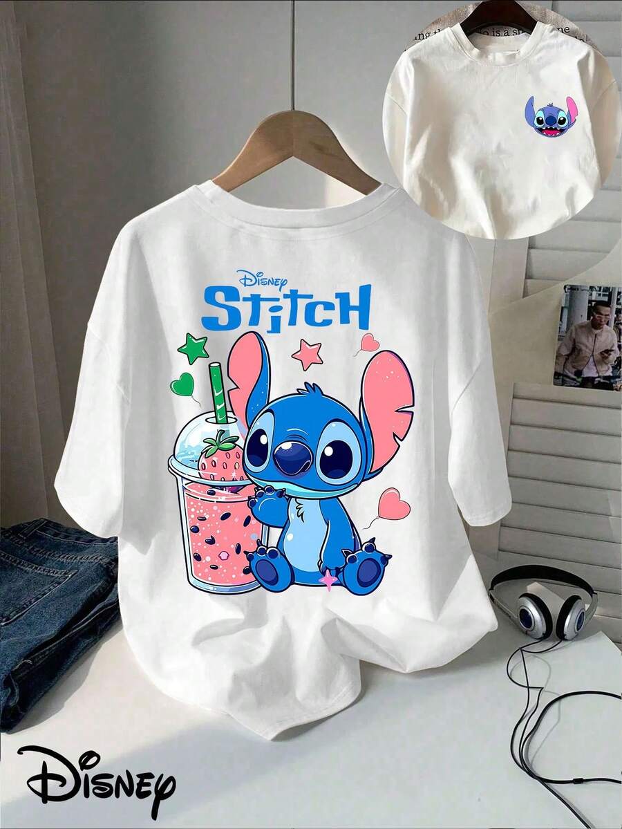 Disney Classic Cartoon T-Shirt With Stitch And Strawberry Milk Design, Double-Sided Print, Short-Sleeved Round-Neck Casual Top, Suitable For Summer And Spring, Short-Sleeved Top, Women's Clothing. - 白色 - 查看 1