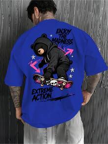 1 pieza de camiseta de hombre 100% algodón puro, estilo urbano, con estampado de oso, grafiti y letras, vibrante y juvenil, una prenda esencial para los chicos amantes del skateboarding. - Blanco - Ver 6