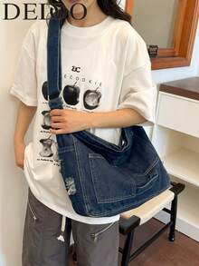 Sac messager en denim lavé classique de grande capacité, sac d'étudiant, sac en canevas japonais pour femme, sac à bandoulière minimaliste coréen - Bleu azur - Voir 5