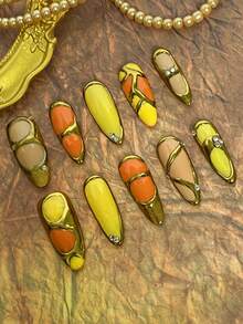 10pcs Women's Almond-Shaped Press-On Nails, Acrylic Fake Nails With Metallic Gold Line Design And Mini Rhinestones, Warm Yellow-Orange Color Block Retro Metallic Frame, Handmade Vintage Fashion Nail Stickers, Nail Art Supplies - Multicolor - View 4