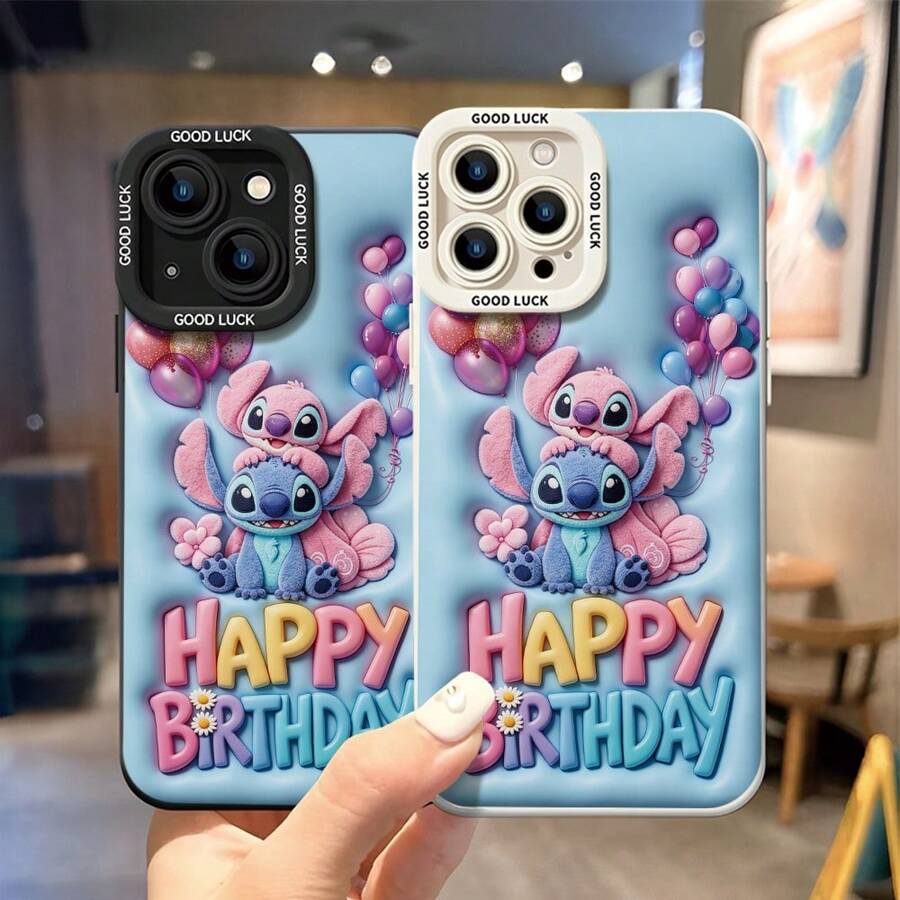 Disney Lilo & Stitch Couple Phone Case - Inflated Embossed Birthday‑Themed Stitch And Angel Protective Case With Balloon Decorations, Light Blue Puffy Background With Raised "Happy Birthday" Lettering, Compatible With IPhone 17, 16, 15, 14, 13, 12, 11 Pro Series And Galaxy S22, S23, S24, S25 Models, Ideal For Birthdays, Holidays, Anniversaries, Graduation Gifts, Or Any Special Occasion To Surprise Family, Friends, Classmates, And Loved Ones. - White - View 1