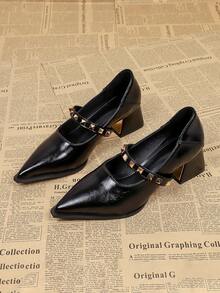Fashionable Rivet Inlaid Slip-On Pointed Toe Chunky Heel Pumps, Versatile Women's High Heels For All Seasons - Black - View 1
