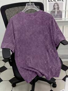 Camiseta Plus Size Feminina Vintage Lavada com Gola Redonda e Manga Curta, Estampa de Beisebol e Cachorro-Quente Vintage Americano, Uso Casual de Verão - Roxo - Visão 2