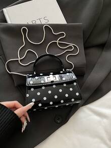 Mini sac à main et sac à bandoulière à rabat verrouillable de style mode minimaliste à motif pois, sac fourre-tout avec imprimé à pois et motif de rouge à lèvres de style français, mini sac de ville, de soirée, polyvalent - Noir - Voir 8