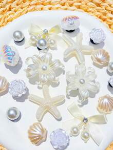 20件米色鞋飾（海星、花朵、貝殼、蝴蝶結）適用於穿孔拖鞋DIY裝飾配件，完美搭配單品，生日、節日、派對禮物首選 - 米色 - 查看 6