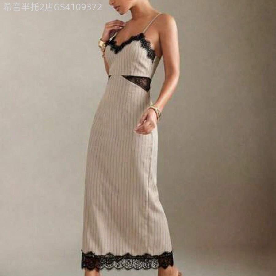 Soqi Women's Clothing Vestido midi con tirantes con inserción de encaje y abertura en la espalda con rayas verticales - Gris Claro - Ver 1