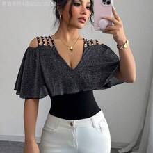 Fengyu Women's Clothing Store Camiseta casual, elegante y con estilo para mujer, de manga corta, cuello en V, con tirantes de volantes, hombros calados, detalles con cuentas, de tela de punto negra, de corte ajustado y elástica - Negro - Ver 4