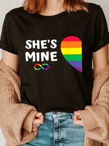 Summer Tops, Casual, Loose Fit, "She's Mine" T-Shirt With Half A Rainbow Heart And Fashionable Lettering, Short-Sleeved Crew Neck Casual Top For Summer And Spring, Women's Clothing, Cotton T-Shirt - Black - View 7