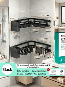 2 piezas Estantería de ducha de esquina sin taladro montada en la pared Organizador de baño con soporte para cepillo de dientes Ganchos Estante de metal antioxidante para almacenamiento de inodoro, cocina, champú, cosméticos y suministros del hogar - 2 años - Ver 6