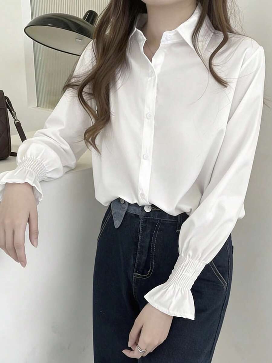 Women's French Flare Cuff Single-Breasted Shirt, Fashionable Versatile - White - View 1